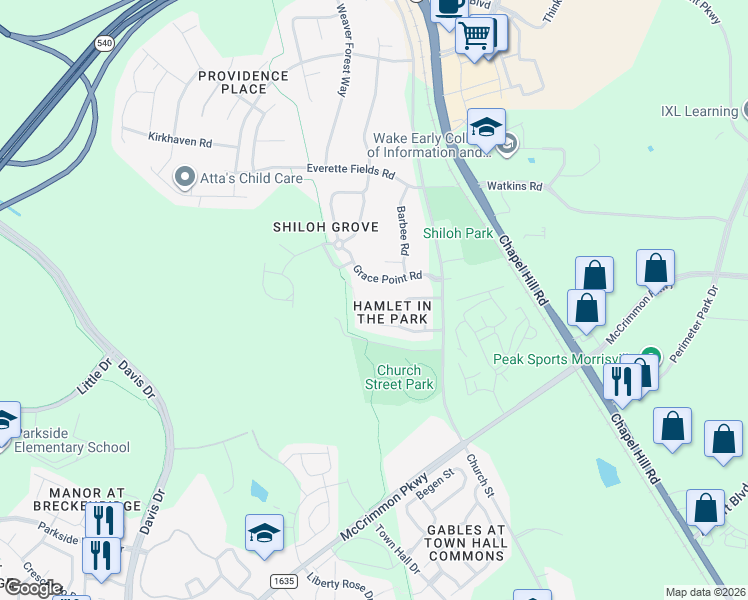 map of restaurants, bars, coffee shops, grocery stores, and more near 901 Hamlet Park Drive in Morrisville