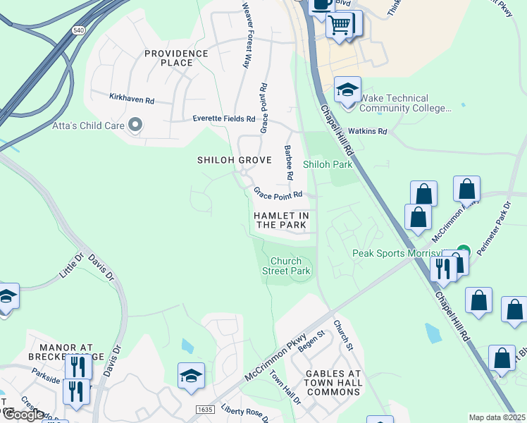 map of restaurants, bars, coffee shops, grocery stores, and more near 901 Hamlet Park Drive in Morrisville