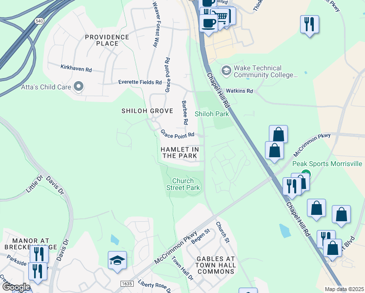 map of restaurants, bars, coffee shops, grocery stores, and more near 400 Colwick Lane in Morrisville