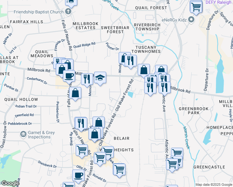 map of restaurants, bars, coffee shops, grocery stores, and more near 1734 Sorrell Brook Way in Raleigh
