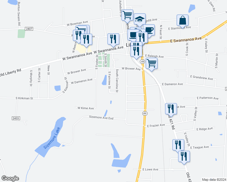 map of restaurants, bars, coffee shops, grocery stores, and more near 311 South Fairview Street in Liberty