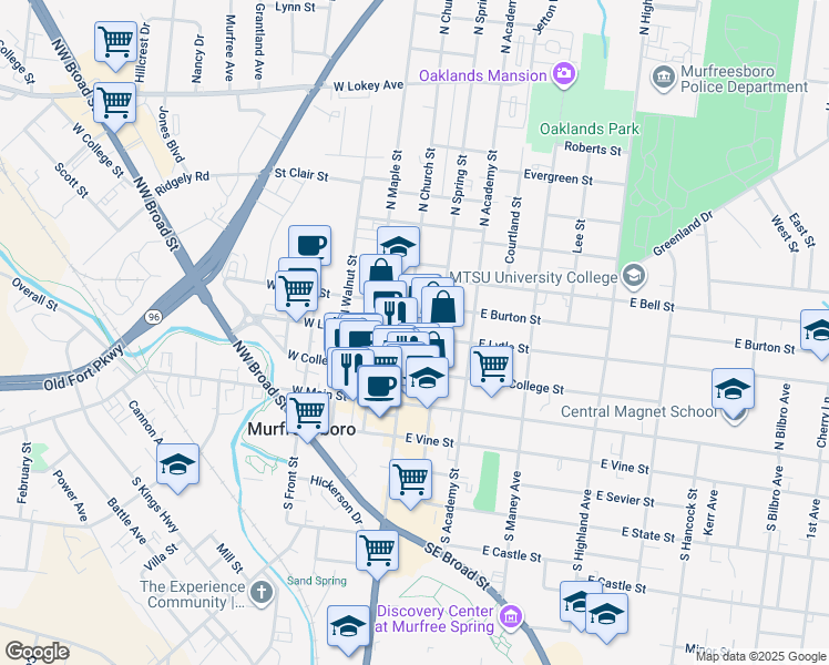 map of restaurants, bars, coffee shops, grocery stores, and more near 308 North Church Street in Murfreesboro