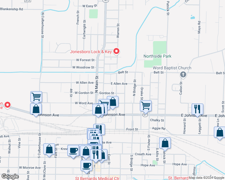 map of restaurants, bars, coffee shops, grocery stores, and more near 409 Labaume Street in Jonesboro