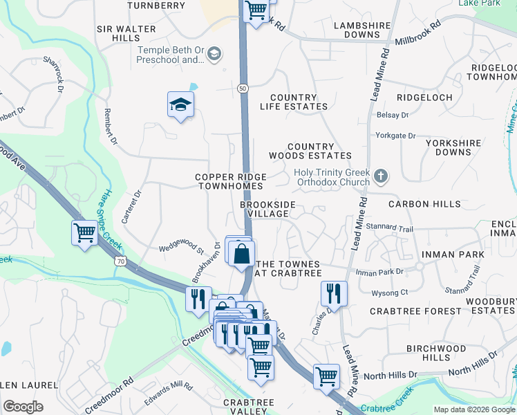 map of restaurants, bars, coffee shops, grocery stores, and more near 4511 Crab Creek Drive in Raleigh
