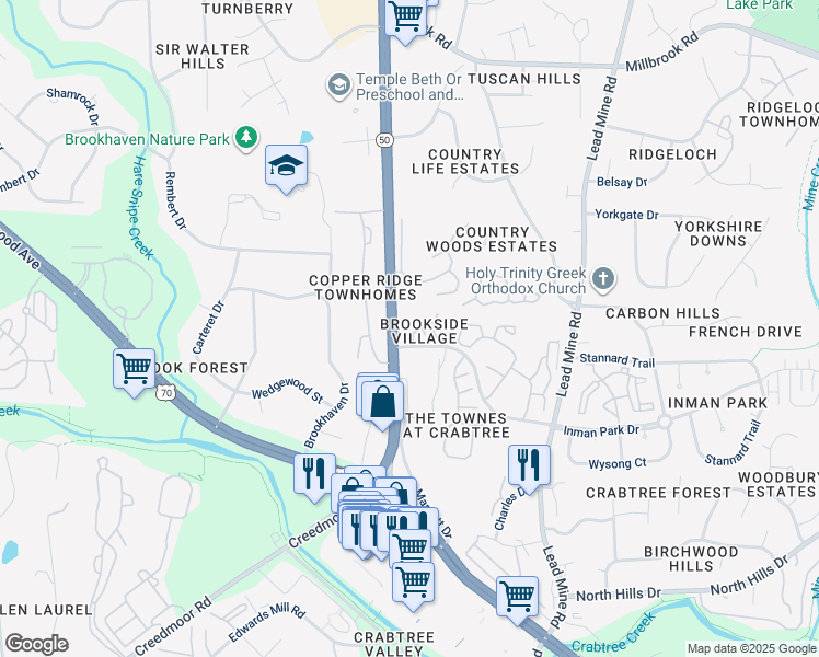 map of restaurants, bars, coffee shops, grocery stores, and more near 4511 Crab Creek Drive in Raleigh