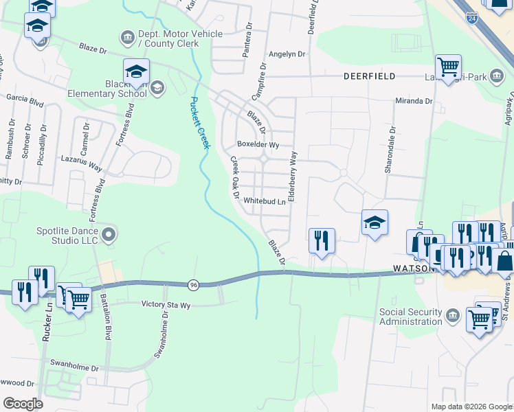 map of restaurants, bars, coffee shops, grocery stores, and more near 3406 Blaze Drive in Murfreesboro