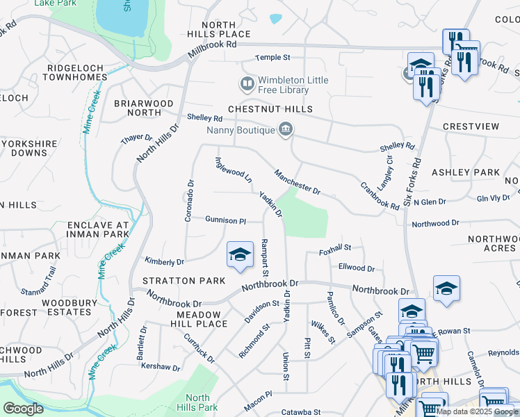 map of restaurants, bars, coffee shops, grocery stores, and more near 4905 Rampart Street in Raleigh