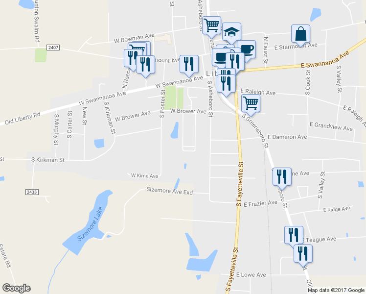 map of restaurants, bars, coffee shops, grocery stores, and more near 311 South Fairview Street in Liberty
