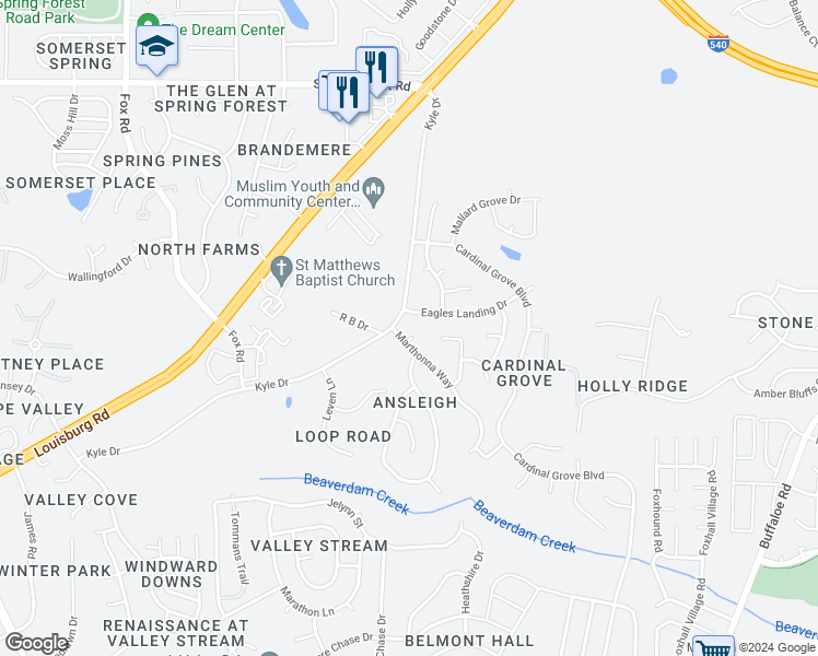 map of restaurants, bars, coffee shops, grocery stores, and more near 5304 Graymar Court in Raleigh