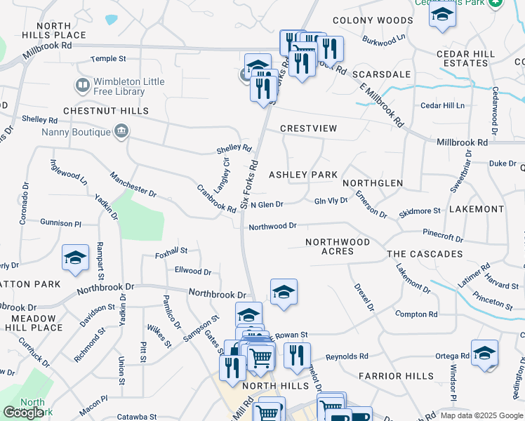 map of restaurants, bars, coffee shops, grocery stores, and more near 505 North Glen Drive in Raleigh
