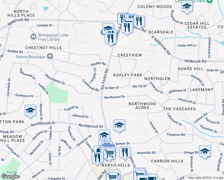 map of restaurants, bars, coffee shops, grocery stores, and more near 503 North Glen Drive in Raleigh