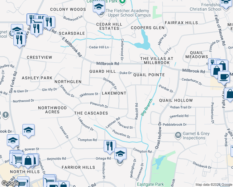 map of restaurants, bars, coffee shops, grocery stores, and more near 4805 Stonehill Drive in Raleigh