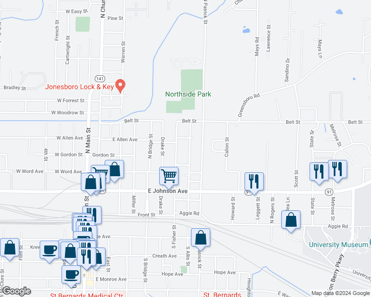 map of restaurants, bars, coffee shops, grocery stores, and more near 345 North Allis Street in Jonesboro