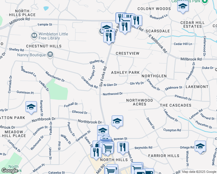 map of restaurants, bars, coffee shops, grocery stores, and more near 505 North Glen Drive in Raleigh