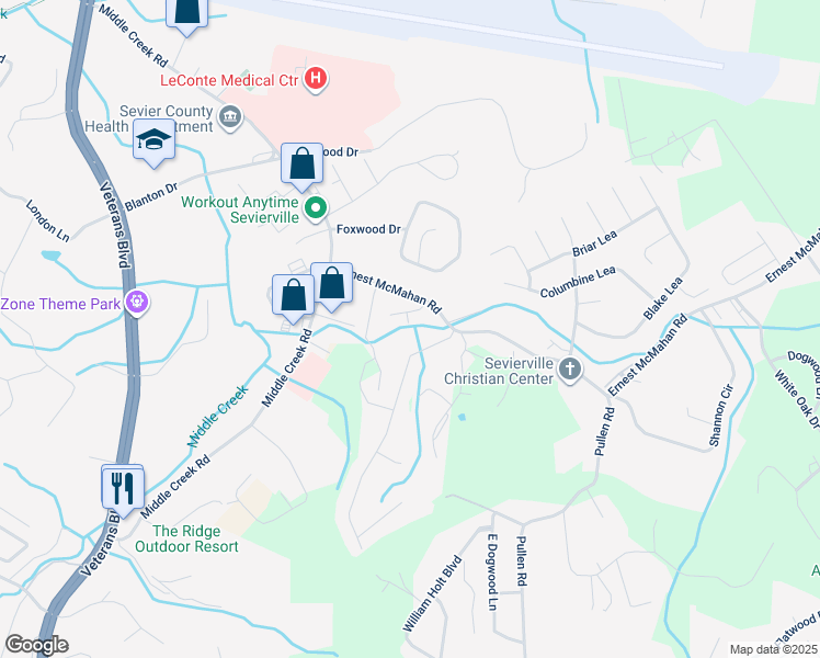 map of restaurants, bars, coffee shops, grocery stores, and more near 1210 Pin Oak Drive in Sevierville