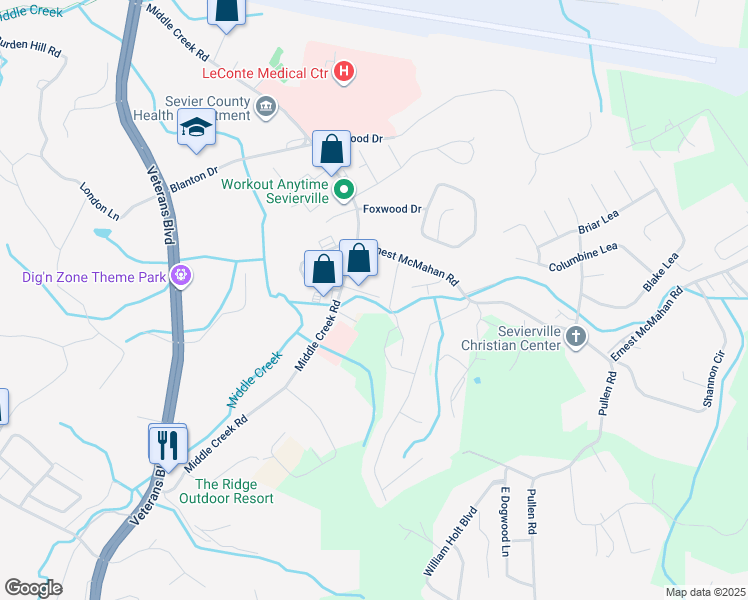 map of restaurants, bars, coffee shops, grocery stores, and more near 3 Fine Lane in Sevierville