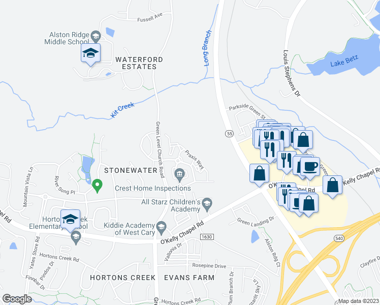 map of restaurants, bars, coffee shops, grocery stores, and more near 16000 Praxis Way in Cary