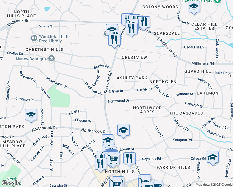 map of restaurants, bars, coffee shops, grocery stores, and more near 503 North Glen Drive in Raleigh