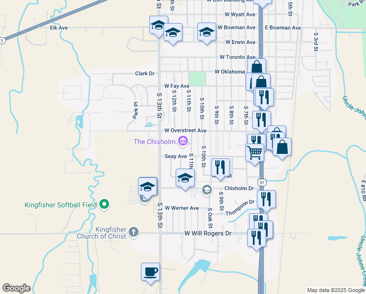 map of restaurants, bars, coffee shops, grocery stores, and more near 605 Zellers Avenue in Kingfisher