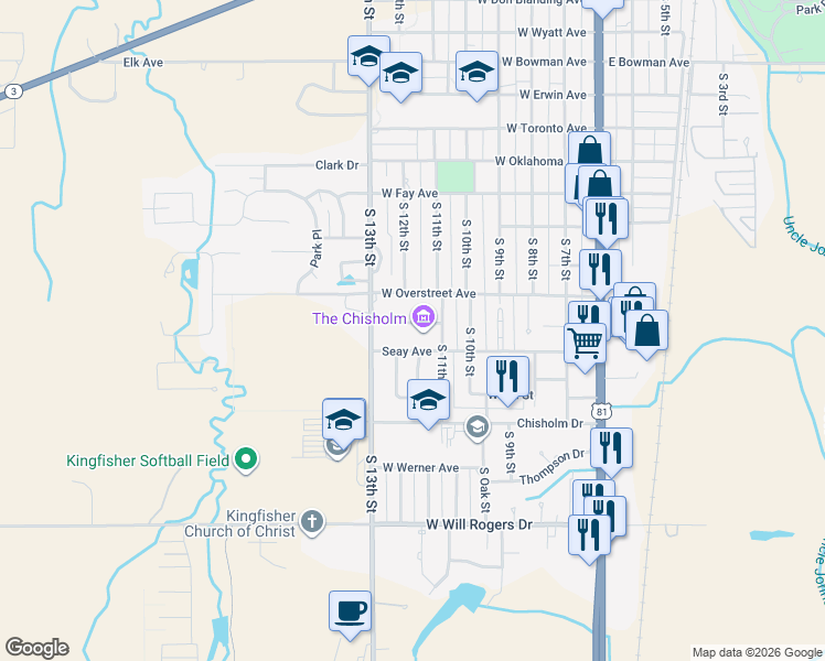 map of restaurants, bars, coffee shops, grocery stores, and more near 605 Zellers Avenue in Kingfisher
