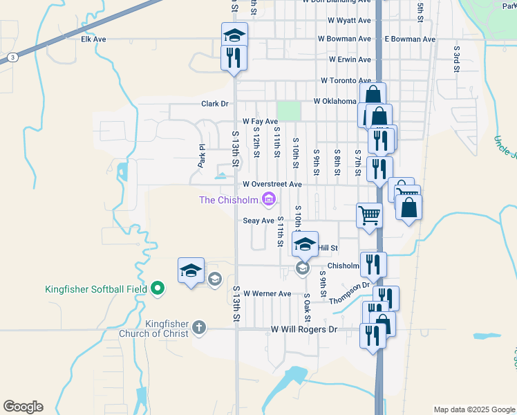map of restaurants, bars, coffee shops, grocery stores, and more near 605 Zellers Avenue in Kingfisher