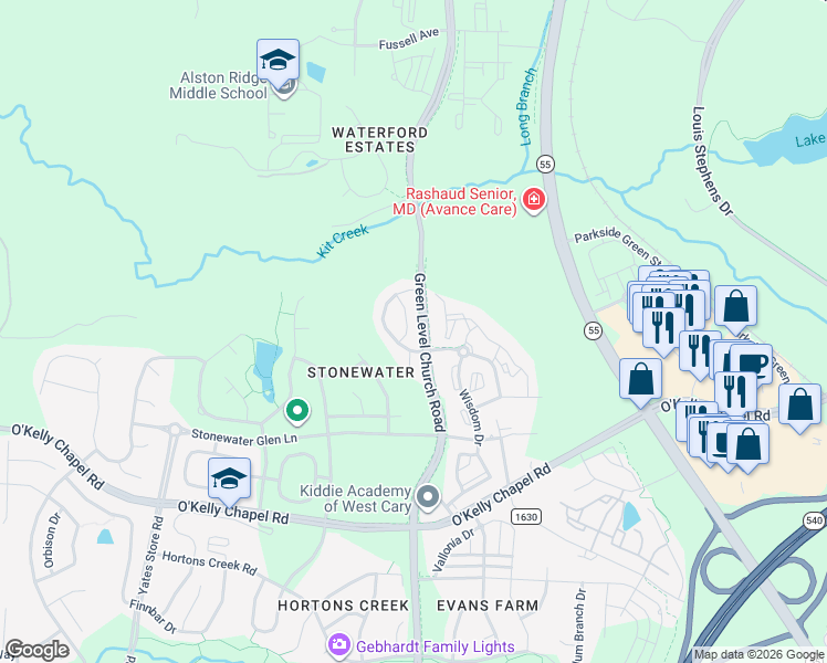 map of restaurants, bars, coffee shops, grocery stores, and more near 722 Silver Stream Lane in Cary