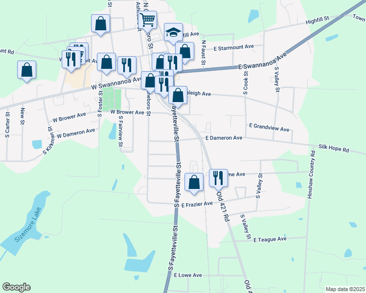map of restaurants, bars, coffee shops, grocery stores, and more near 305 South Fayetteville Street in Liberty