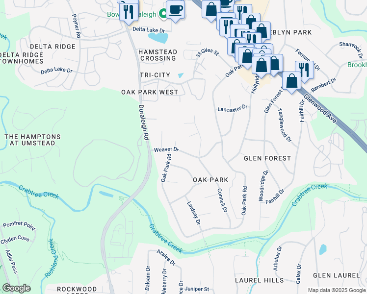 map of restaurants, bars, coffee shops, grocery stores, and more near 4114 Weaver Drive in Raleigh