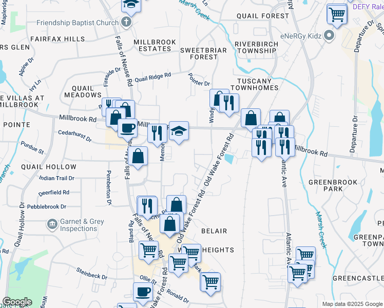 map of restaurants, bars, coffee shops, grocery stores, and more near 1626 Brook Fern Way in Raleigh