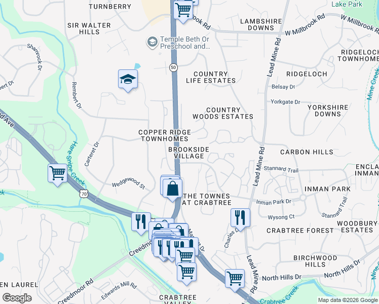 map of restaurants, bars, coffee shops, grocery stores, and more near 4521 Crab Creek Drive in Raleigh