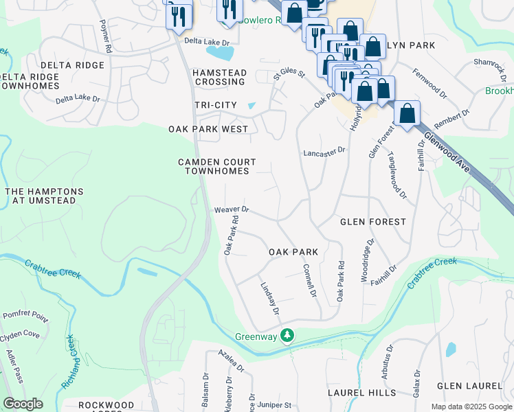 map of restaurants, bars, coffee shops, grocery stores, and more near 4118 Weaver Drive in Raleigh
