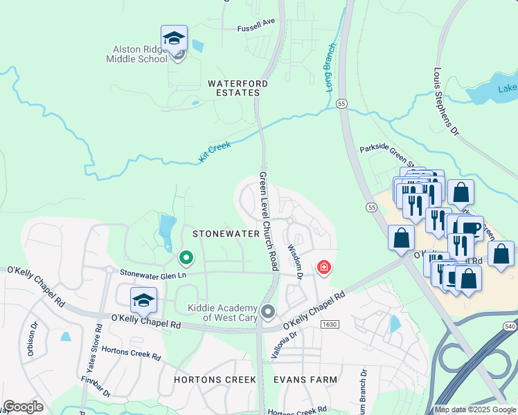 map of restaurants, bars, coffee shops, grocery stores, and more near 722 Silver Stream Lane in Cary