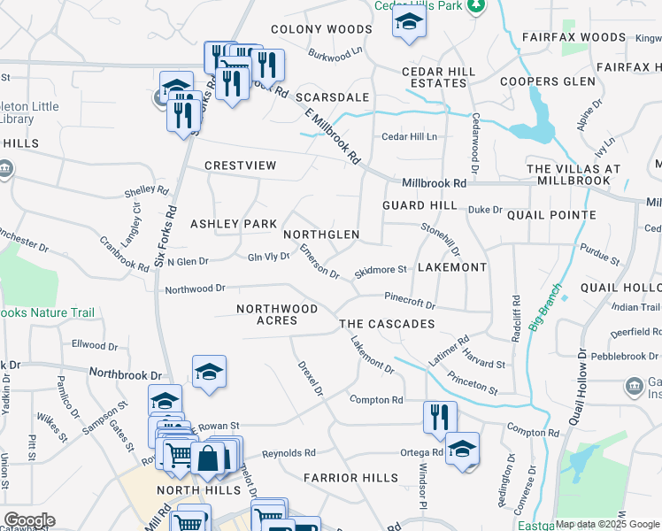 map of restaurants, bars, coffee shops, grocery stores, and more near 5200 Knollwood Road in Raleigh