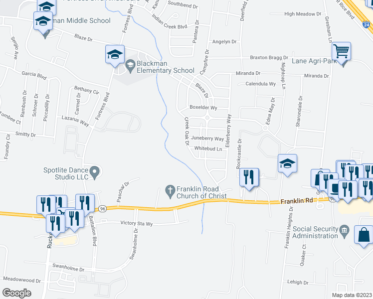map of restaurants, bars, coffee shops, grocery stores, and more near 543 Creek Oak Drive in Murfreesboro