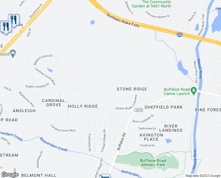 map of restaurants, bars, coffee shops, grocery stores, and more near 5154 Stone Station Drive in Raleigh