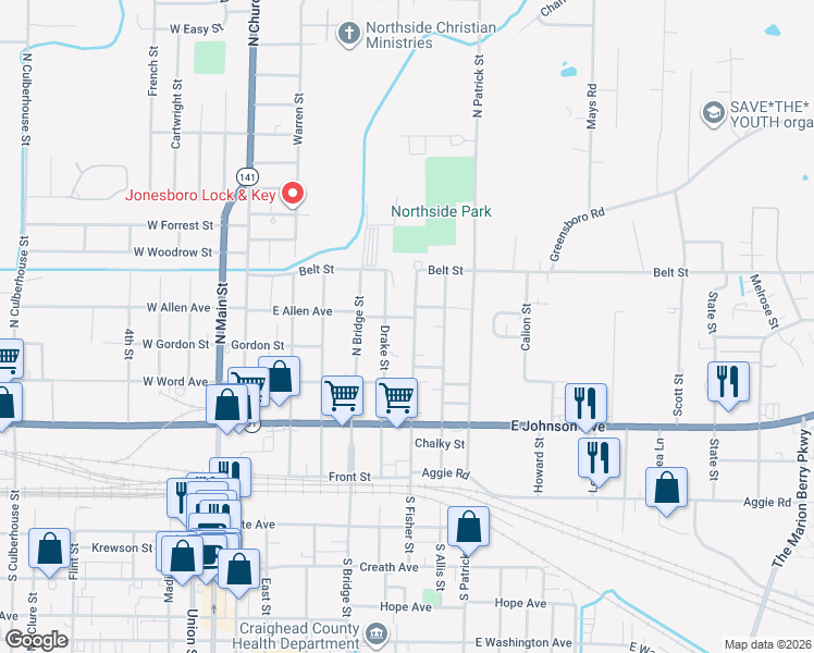 map of restaurants, bars, coffee shops, grocery stores, and more near 351 North Fisher Street in Jonesboro