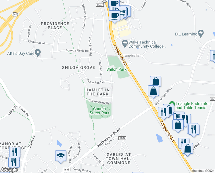 map of restaurants, bars, coffee shops, grocery stores, and more near 112 Colwick Lane in Morrisville