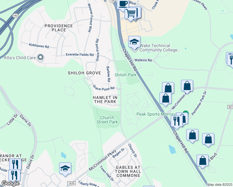 map of restaurants, bars, coffee shops, grocery stores, and more near 108 Colwick Lane in Morrisville