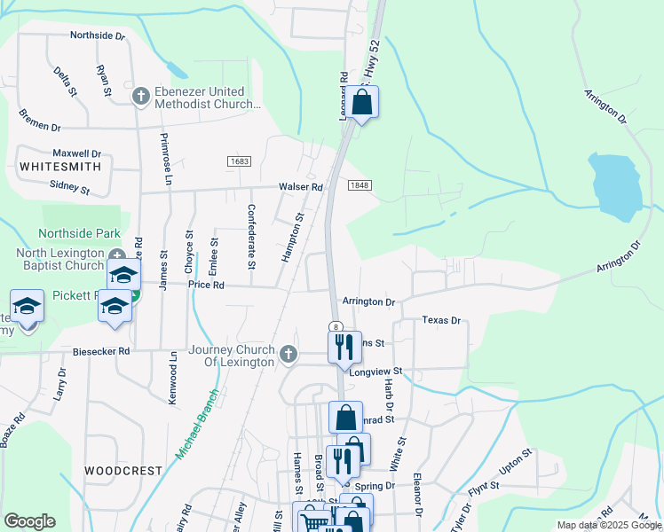 map of restaurants, bars, coffee shops, grocery stores, and more near 1680 North Carolina 8 in Lexington