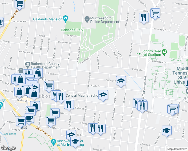 map of restaurants, bars, coffee shops, grocery stores, and more near 420 North University Street in Murfreesboro