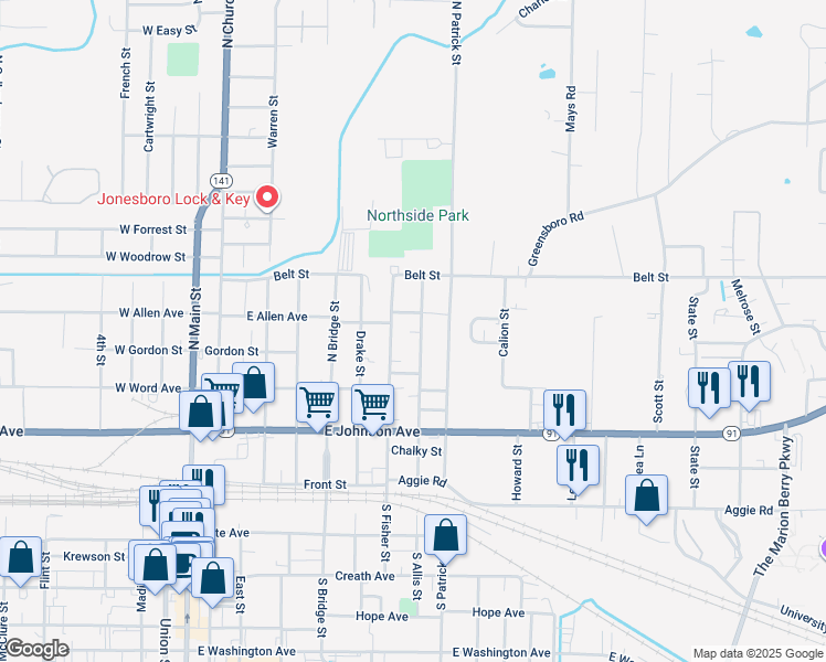 map of restaurants, bars, coffee shops, grocery stores, and more near 347 North Allis Street in Jonesboro