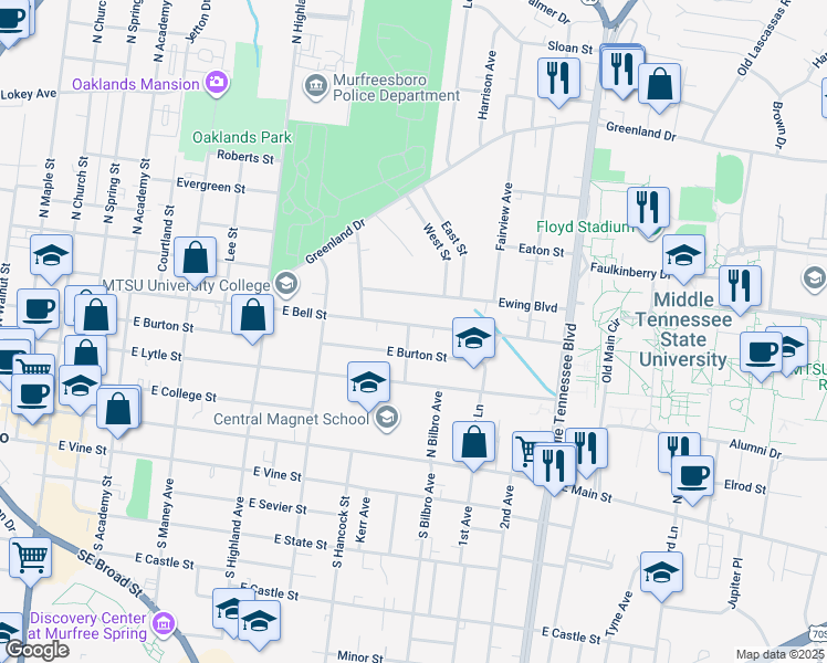 map of restaurants, bars, coffee shops, grocery stores, and more near 800 East Bell Street in Murfreesboro