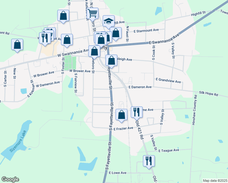 map of restaurants, bars, coffee shops, grocery stores, and more near 305 South Fayetteville Street in Liberty