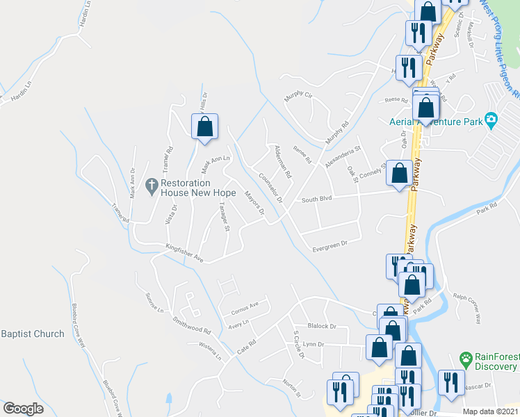 map of restaurants, bars, coffee shops, grocery stores, and more near 1129 Mayors Drive in Sevierville