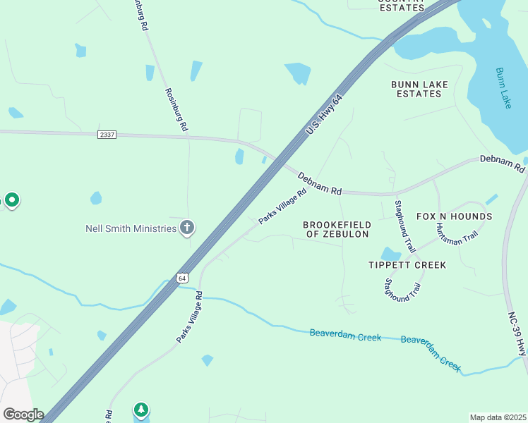 map of restaurants, bars, coffee shops, grocery stores, and more near 1425 Parks Village Road in Zebulon