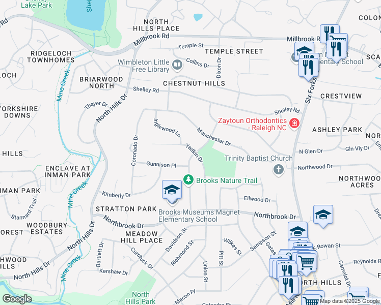 map of restaurants, bars, coffee shops, grocery stores, and more near 5001 Rampart Street in Raleigh