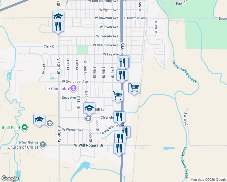 map of restaurants, bars, coffee shops, grocery stores, and more near 1209 South 7th Street in Kingfisher