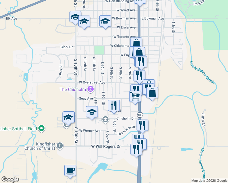 map of restaurants, bars, coffee shops, grocery stores, and more near 1211 Regency Court in Kingfisher