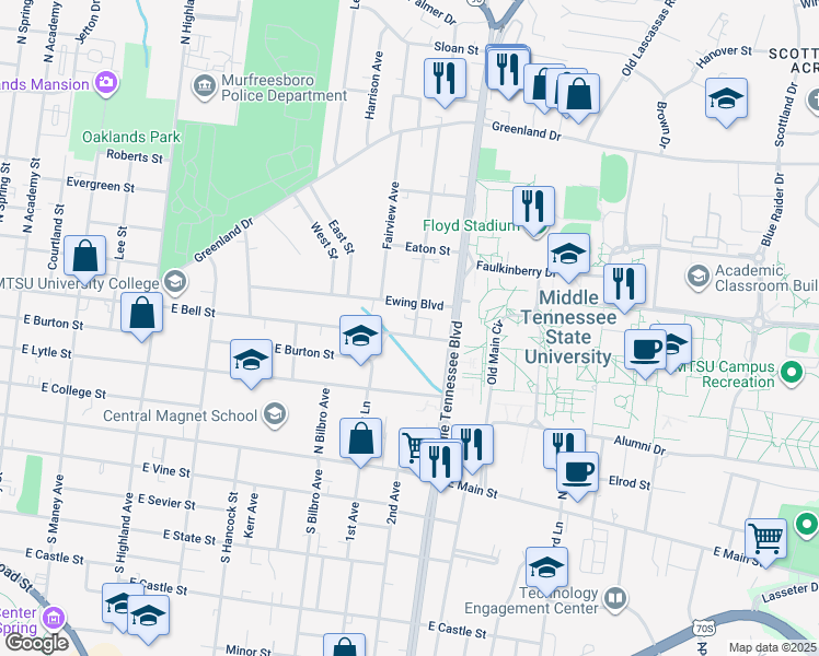 map of restaurants, bars, coffee shops, grocery stores, and more near 1021 E Bell St in Murfreesboro
