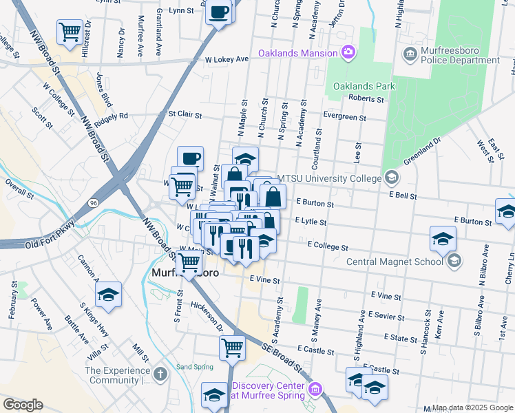 map of restaurants, bars, coffee shops, grocery stores, and more near 308 North Church Street in Murfreesboro